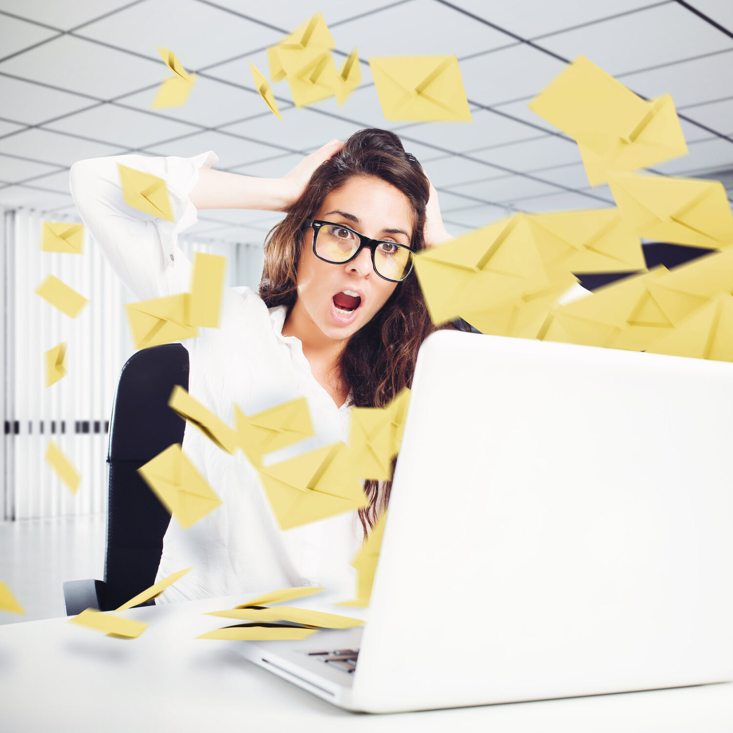 Desperate woman in office for too many e-mail